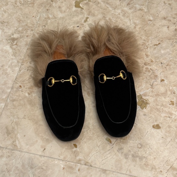 Gucci Black Velvet And Fur Princetown Horsebit Flat Mules Size 40 - Picture 5 of 13